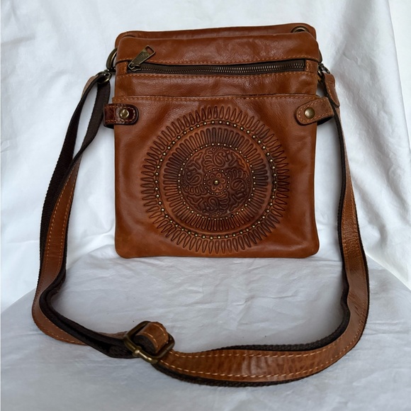 Patricia Nash Stamped Brown Leather Crossbody Purse - Picture 12 of 12